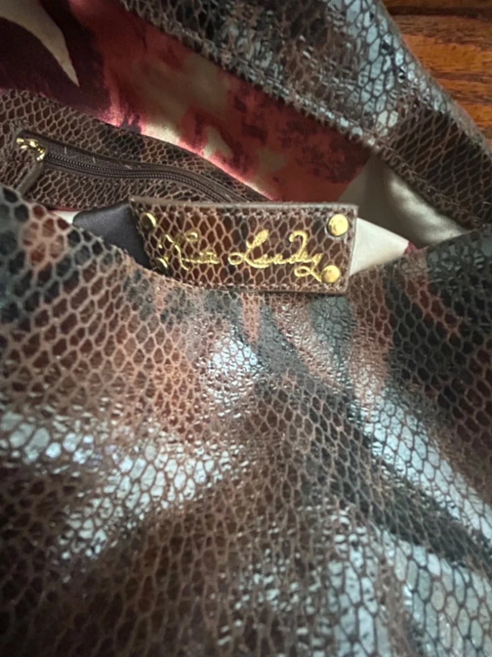 Kate Landry Leather Snake Print Large Hobo Handbag Black and Brown Boho Chic